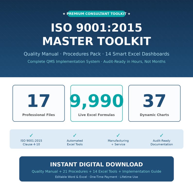 以下が含まれることがあります： 「ISO 9001:2015 MASTER TOOLKIT」のテキストが入ったデジタルツールキットのグラフィック。専門ファイル、Excelの数式、動的グラフに関する情報が含まれています。グラフィックは、すぐにダウンロードできる機能も強調しています。
