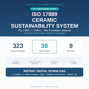 May include: A digital infographic for the Focus Academy Global ISO 17889 Ceramic Sustainability System. It lists 323 Excel formulas, 38 ISO criteria, and 9 pro files, with a section for instant digital download of 4 products and 4 analyses.