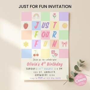 May include: A rectangular birthday invitation card featuring a pastel checkered grid with icons including a rainbow, strawberry, sun, flower, bow, and cherries. The text reads JUST FOUR FUN, Join us to celebrate Olivia's 4th Birthday, and event details.