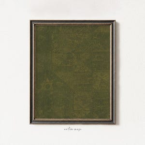 May include: A rectangular wall art print featuring a dark olive green background with a subtle, repeating patchwork pattern of intricate, faint line-drawn botanical and geometric motifs, enclosed in a dark, weathered metallic frame.