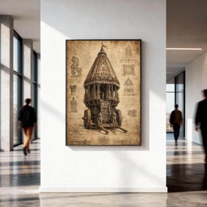 Könnte beinhalten: Ein gerahmter Wandkunstdruck mit einer detaillierten technischen Skizze eines verzierten Tempelwagens. Die sepiafarbene Illustration enthält architektonische Diagramme, geometrische Formen und handschriftliche Notizen um den Wagen.