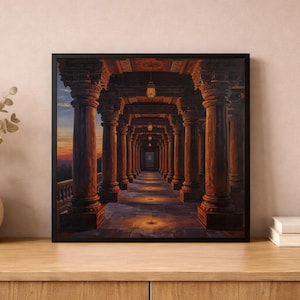 May include: A square framed wall art print depicting a long corridor lined with dark brown stone pillars. The perspective leads to a distant doorway, with warm golden light pools on the floor and a sunset sky visible through the side opening.