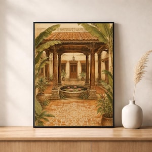 May include: A framed wall art print depicting a courtyard with a central stone fountain, wooden pillars, and a tiled roof. The scene features lush green banana leaves, potted plants, and an intricate white geometric floor pattern on terracotta tiles.