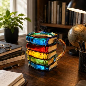 Tazza a forma di libro in vetro colorato, tazza da caffè per amanti dei libri, tazza da tè letteraria, tazza da biblioteca arcobaleno, regalo per lettori, tazza unica con pila di libri per