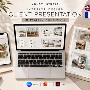 Puede incluir: Una plantilla editable de 21 páginas para presentaciones de clientes de diseño de interiores, mostrada en la pantalla de una computadora portátil, un teléfono inteligente y un portapapeles. Incluye títulos, fotos y texto.