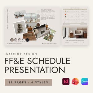 FF&E Schedule Presentation Template | Interior Designer Furniture Schedule | InDesign Canva PowerPoint