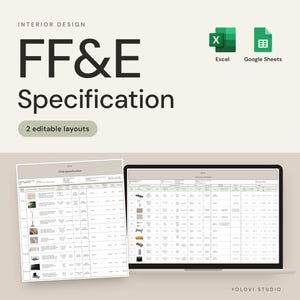 FF&E Specification Excel Google Sheets Template | Product Spec Sheet for Contractors | Markup Costs