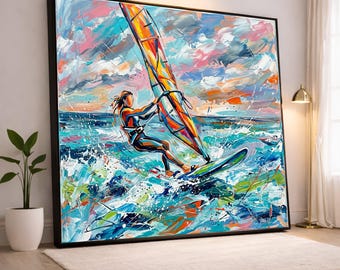 Dynamic Windsurfing Canvas Print, Vibrant Ocean Scene Wall Art for Beach House or Active Lifestyle Decor, Water Sports Art