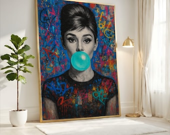 Audrey Hepburn Bubblegum Pop Art Canvas, Graffiti Style Wall Decor, Retro Portrait Canvas, Modern Celebrity Art, Vibrant Urban Home