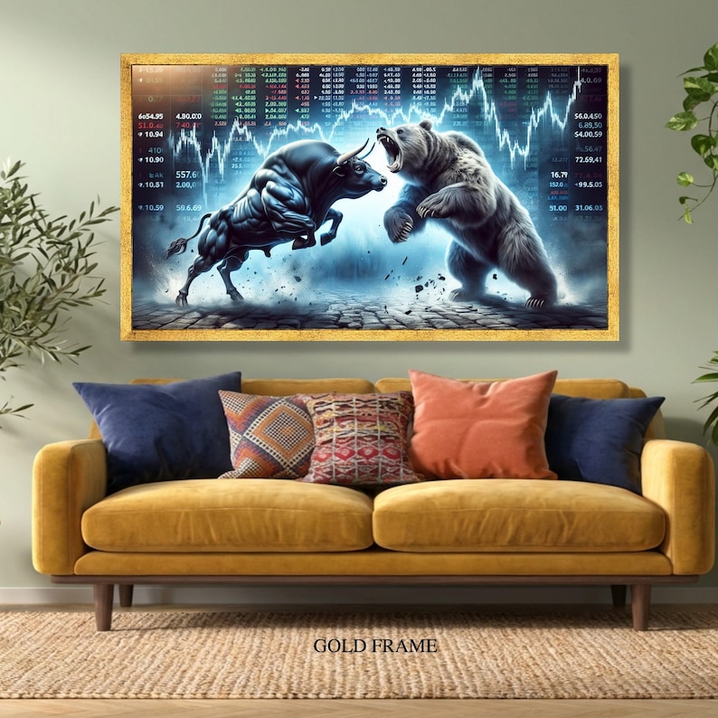 Bull vs Bear Markt Leinwand Wandkunst, finanzielle Börse Schlacht, Investition Thema Leinwand, Handels Wanddekoration, moderne Büro Kunst Bild 5