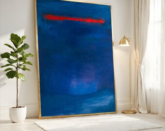 Mark Rothko  Deep Blue Red Accent Abstract Canvas, Bold Navy Color Field Art, Modern Minimalist Wall Decor