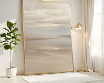 Serene Misty Beach Canvas Wall Art, Calm Seascape Painting, Neutral Coastal Decor, Soft Horizon Landscape, Tranquil Waters Canvas