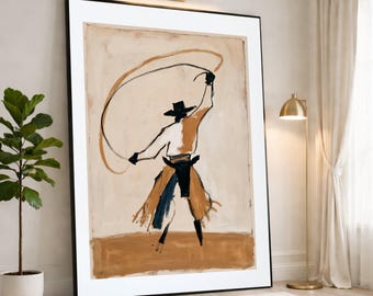 Cowboy Wall Art Print, Rustic Western Decor, Lasso Artwork for Living Room, Farmhouse Canvas Print, Country Style Home Decor