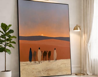 Desert Sunset Wall Art Print, Camel Caravan in Warm Earth Tones, Minimalist Canvas Decor for Home or Office, Nature Inspired