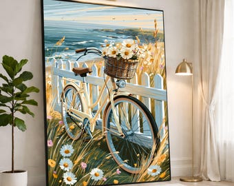 Charming Bicycle Canvas Print, Floral Bike Wall Art, Coastal Decor, Vintage Style, Nature Scene, Home or Office Decoration