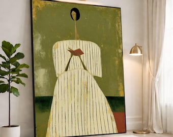 Minimalist Woman Reading Canvas Print, Abstract Wall Art for Living Room, Modern Home Decor in Green and White Tones, canvas wall art