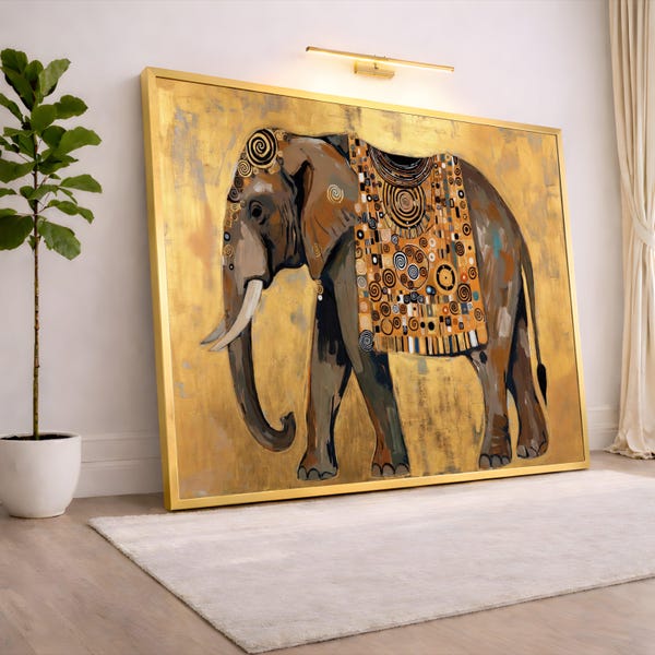 Elegante cuadro de pared con diseño de elefante, decoración dorada de Gustav Klimt, pintura moderna de animales, lienzo decorativo para sala de estar, acento único para el hogar.