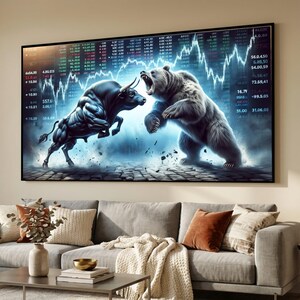 Bull vs Bear Markt Leinwand Wandkunst, finanzielle Börse Schlacht, Investition Thema Leinwand, Handels Wanddekoration, moderne Büro Kunst Bild 4
