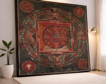 Oude mandala canvas muurkunst, ontwerp rode spirituele cirkel, Tibetaans boeddhistische symboliek, canvas heilige geometrie, decoratie meditatieruimte