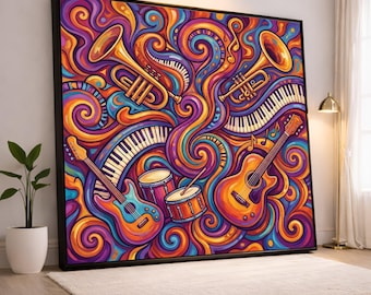 Lebendige Musikinstrumente Leinwand, Bunte Jazz Kunst, Gitarre Trompete Trommel Wandkunst, Abstraktes Musikdesign, Wohnkultur Leinwand