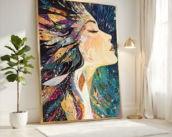 Abstract Woman Profile Canvas, Colorful Feather Hair Art, Ethereal Female Portrait, Decorative Wall Canvas, Modern Home Decoration
