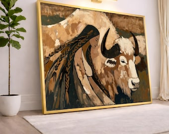 Native American Woman with Buffalo Canvas, Tribal Wall Art, Boho Animal Painting, Ethnic Home Decor, Southwestern Canvas Art, Rustic Wall
