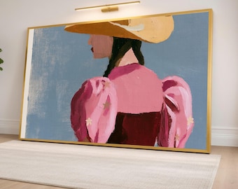 Charming Cowgirl Wall Art Print, Colorful Canvas Print Featuring a Woman in Pink Dress and Straw Hat, Perfect for Home Decor