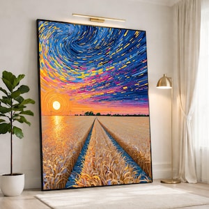 May include: A large rectangular wall art print featuring an impressionistic landscape painting of a golden wheat field under a swirling, vibrant sky. The scene depicts a bright sun setting over the horizon with thick, textured brushstrokes.
