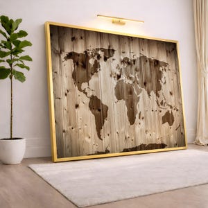Rustic World Map Canvas, Wooden Background Wall Art, Vintage Style Globe Canvas, Travel Home Decor, Geographic Wall Decoration