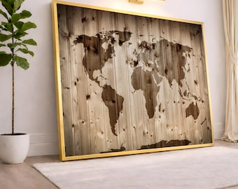 Rustic World Map Canvas, Wooden Background Wall Art, Vintage Style Globe Canvas, Travel Home Decor, Geographic Wall Decoration
