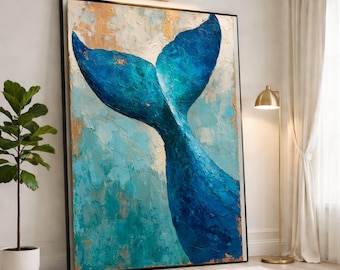 Whale Tail Canvas Wall Art, Blue Ocean Print for Coastal Decor, Abstract Marine Artwork for Living Room and Beach House, whale tail art