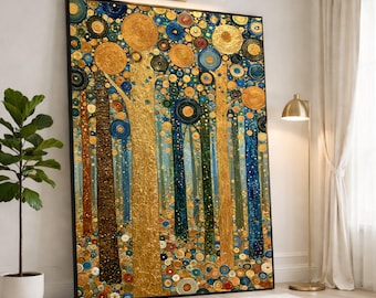 Colorful Forest Canvas Print, Abstract Art with Gold and Blue Circles, Nature Wall Art for Home or Office Decor, forest wall art
