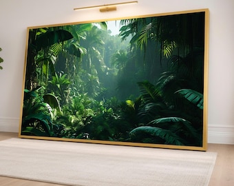 Lush Tropical Jungle Scene Canvas, Green Rainforest Wall Art, Nature Botanical Canvas, Exotic Plants Decoration, Forest Landscape Print