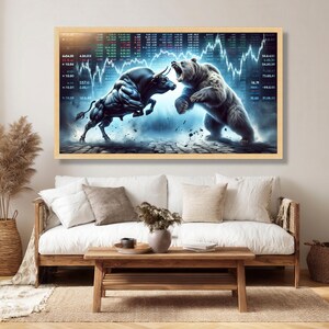 Bull vs Bear Markt Leinwand Wandkunst, finanzielle Börse Schlacht, Investition Thema Leinwand, Handels Wanddekoration, moderne Büro Kunst Bild 9