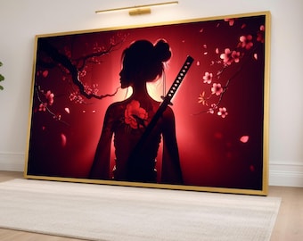 Silhouette einer Samurai-Frau, Kirschblüten-Leinwand, rote Blumentattoo-Kunst, japanische Schwertwand, elegantes asiatisches Dekor, moderne Leinwanddrucke