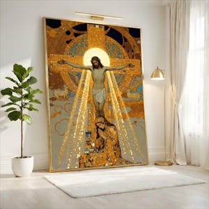 Gustav Klimt Korsfästelse Canvas, Religiös Väggkonst, Kristen Heminredning, Sakral Konsttryck, Andlig Canvasdekoration bild 1