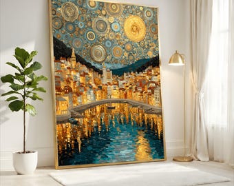 Gustav Klimt Stjärnklar natt Stadslandskap, Cirkulär himmel Canvas, Upplyst Stadsreflektion, Gyllenblå Väggkonst, Modern Dekorativ Canvas