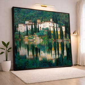 Gustav Klimt Paesaggio Riflesso, Villa sul Lago Tela, Serena Scena Naturale, Arte Classica Decorazione da Parete su Tela, Pronto per Appendere