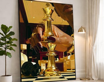Golden Chess Piece Wall Art Print, Stylish Home Decor for Game Room, Unique Canvas Wall Art for Chess Lovers and Enthusiasts