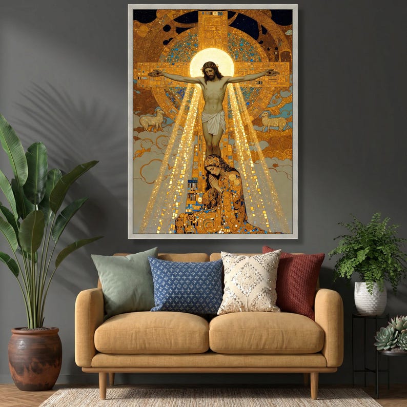 Gustav Klimt Korsfästelse Canvas, Religiös Väggkonst, Kristen Heminredning, Sakral Konsttryck, Andlig Canvasdekoration bild 5