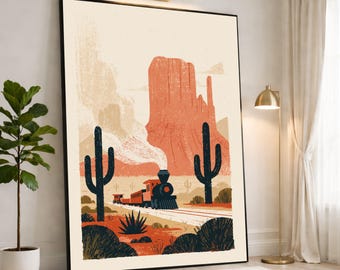 Vintage Train Canvas Print, Southwestern Wall Art with Desert Landscape and Cactus, Perfect for Home or Office Decor, train wall art