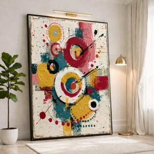 May include: A large rectangular abstract painting in a black frame featuring a textured off-white background with layered geometric circles in shades of red, yellow, and teal, accented by black lines, splatters, and dots across the canvas.