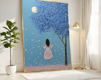Girl on Swing Under Blue Tree Canvas, Moonlit Night Wall Art, Butterfly Scene Canvas, Whimsical Nature Decor, Dreamy Home Decoration