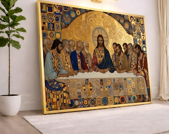 Gustav Klimt Last Supper Canvas Wall Art, Religious Iconography, Gold Accents Decorative Art, Modern Spiritual Canvas, Home Decor Statement