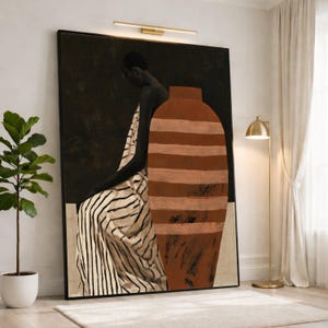Modern Wall Art Print, Striped Pottery and Figure, Canvas Wall Art for Living Room, Bedroom, Office Decor, Contemporary Style