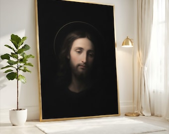 Serene Portrait of Jesus Christ Canvas, Religious Wall Art, Spiritual Home Decor, Sacred Halo Painting, Inspirational Canvas Artwork