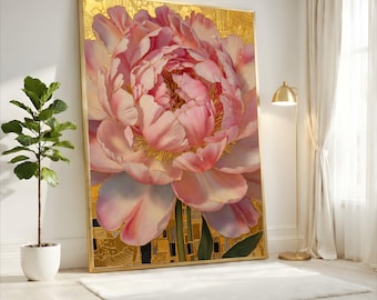 Rosa Pfingstrose Leinwand Wandkunst, Gustav Klimpt Blumenmalerei, Blattgold Hintergrund, Elegante botanische Leinwand, Dekorativer Hauskunstdruck