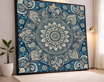 Intricate Mandala Design Canvas, Blue Floral Pattern Wall Art, Bohemian Home Decor, Detailed Ethnic Motif Canvas, Modern Boho Wall