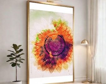 Kleurrijke mandala canvas muurkunst, levendig bloemdessin, geometrisch zonnebloemdecor, abstracte bohostijl, klaar om op te hangen woondecoratie
