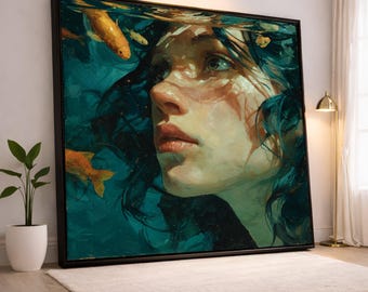 Retrato de mujer soñadora con pez dorado, arte mural en lienzo bajo el agua, pintura facial artística contemporánea, lienzo de decoración moderna para el hogar